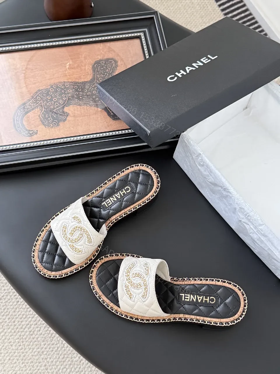 View 5 of Elegant Quilted Slide Sandals with Chain Trim