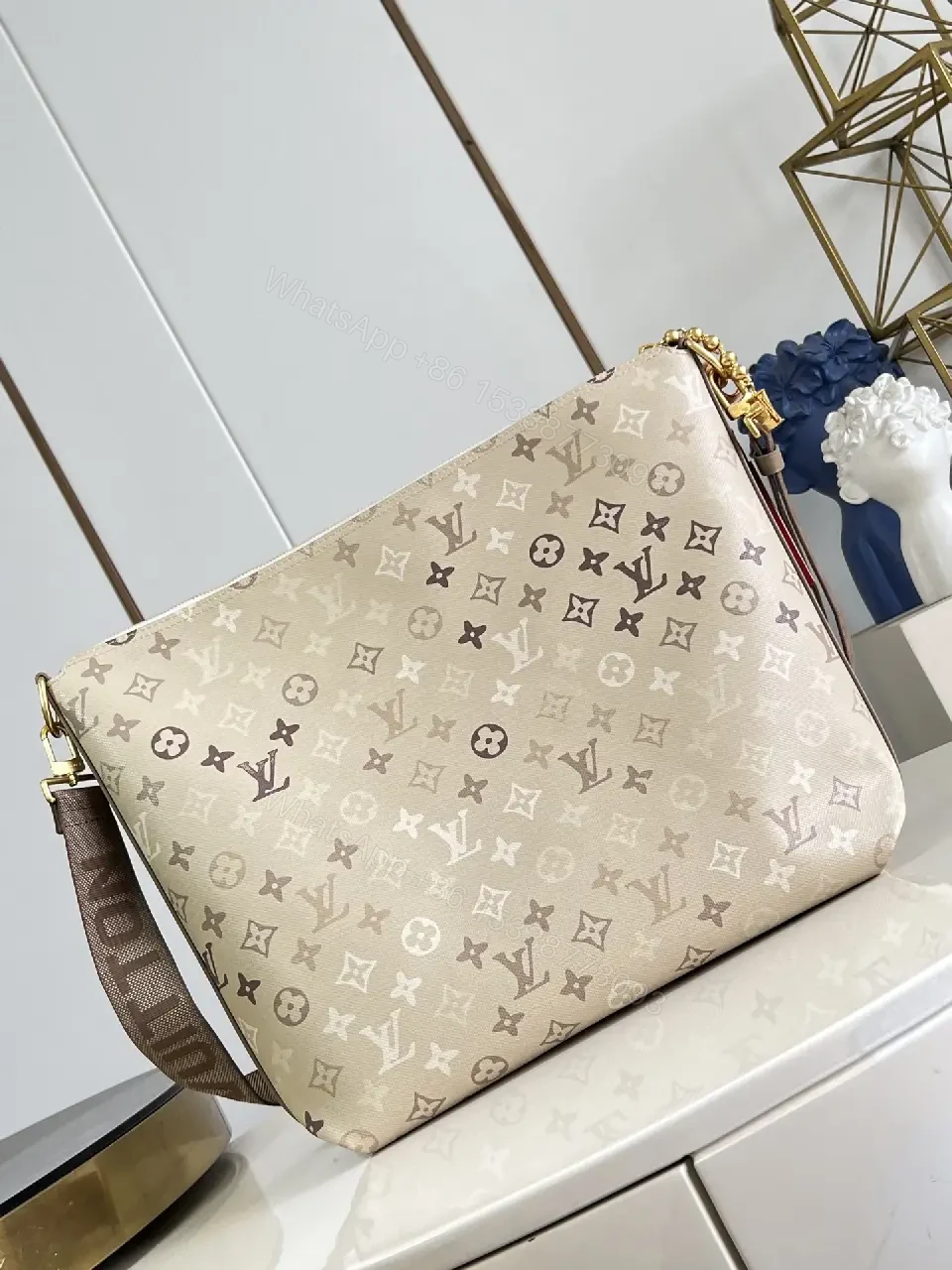 View 4 of Beige LV Monogram Coated Canvas Crossbody Bag with Gold Zipper