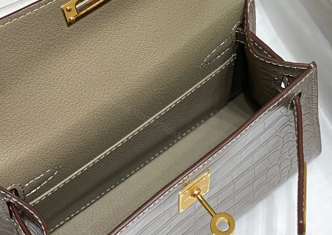 View 3 of HN MINI KELLY IN MOCHA BROWN CROCODILE SKIN GOLD HARDWARE