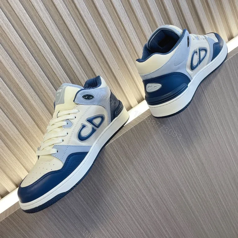 View 5 of Ivory Leather Dior-Inspired High-Top Sneakers with Blue Accents