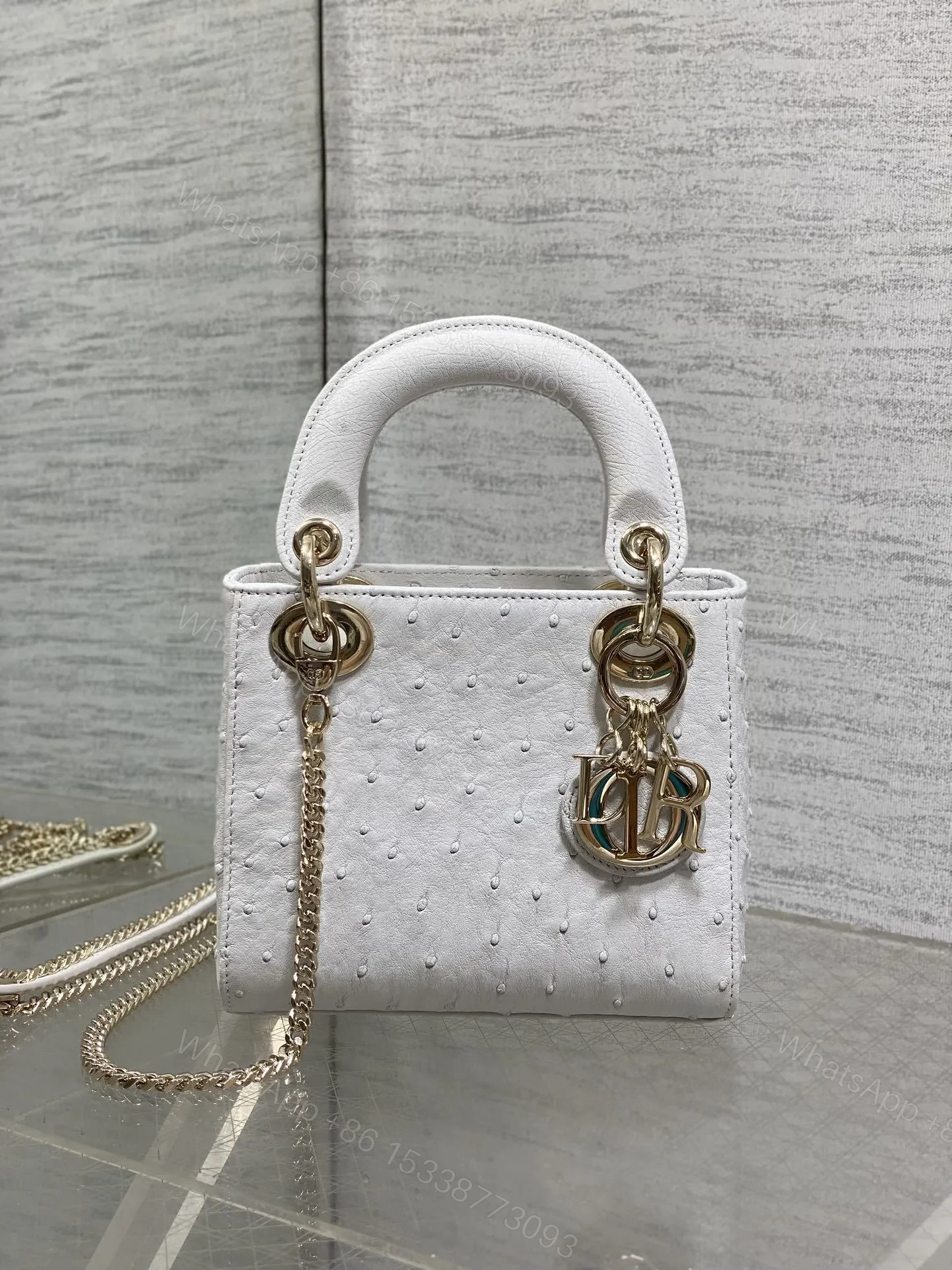 View 2 of Christian Dior Mini Lady Dior bag in white ostrich leather