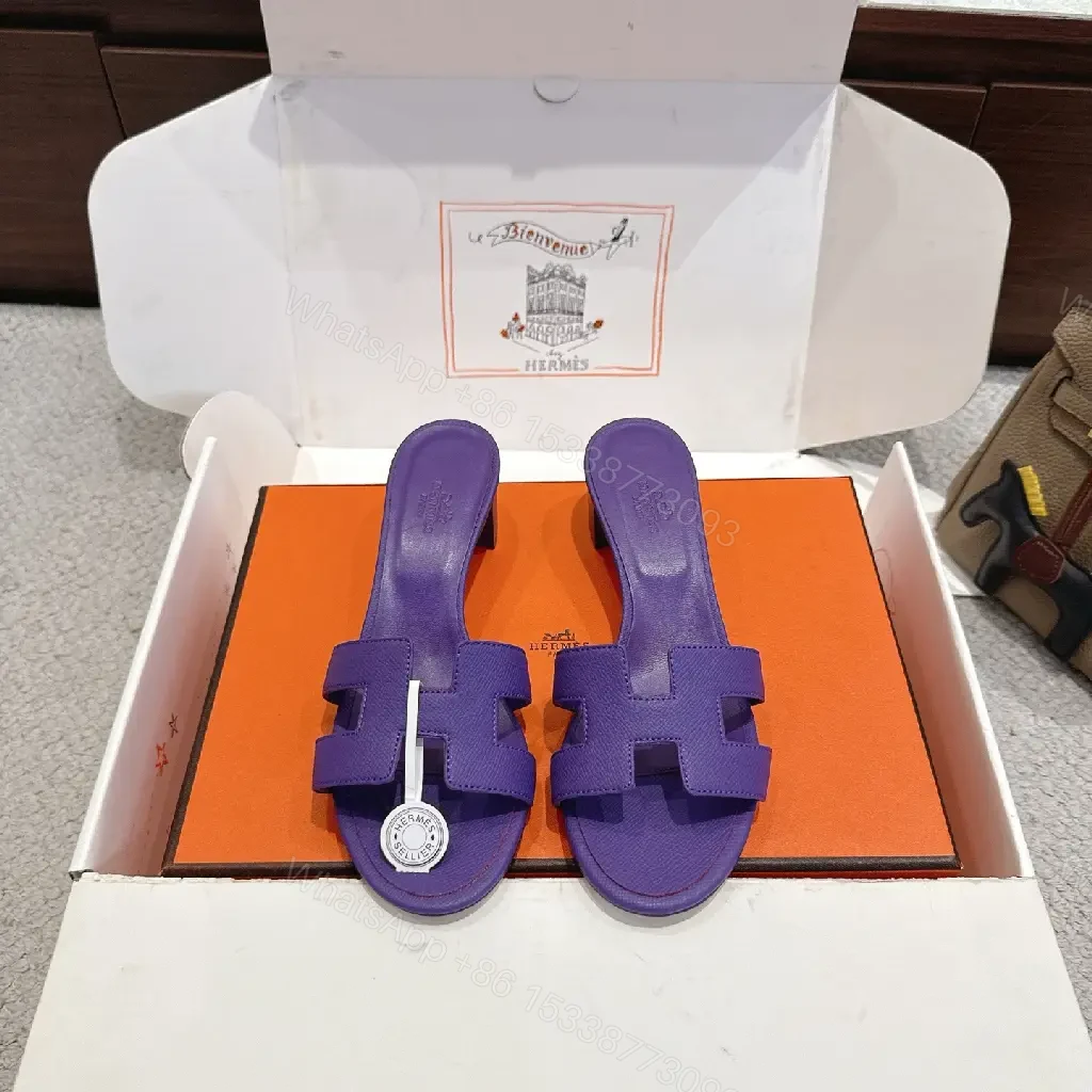 View 6 of Purple Leather Heeled Sandals Hermès-Style Slide Sandals