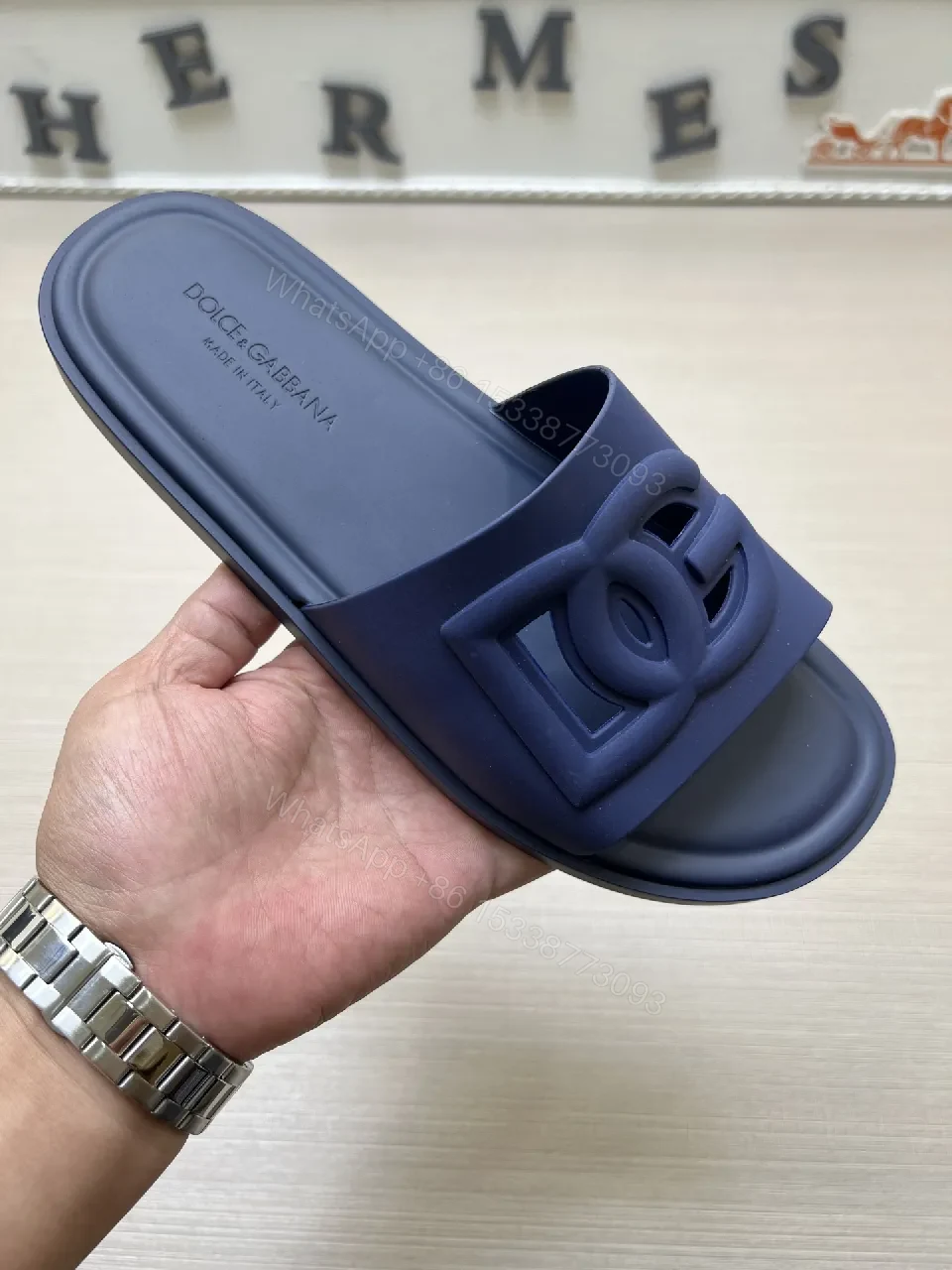 Navy Slide Sandal: Premium Leather-Trim, Cushioned Comfort — view 1