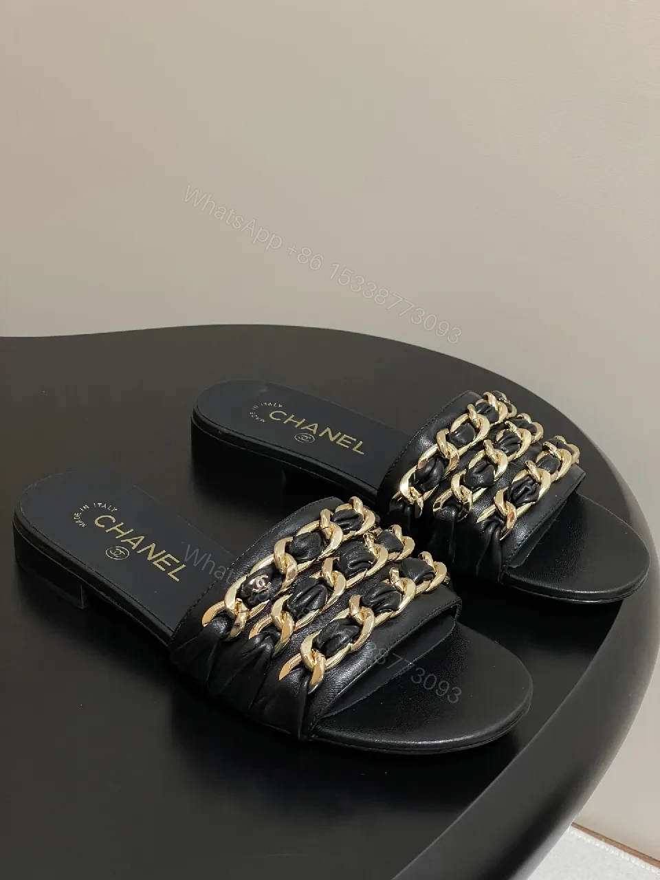 Black Leather Slide with Gold Chain Detail – Luxury Everyday Comfort — view 1