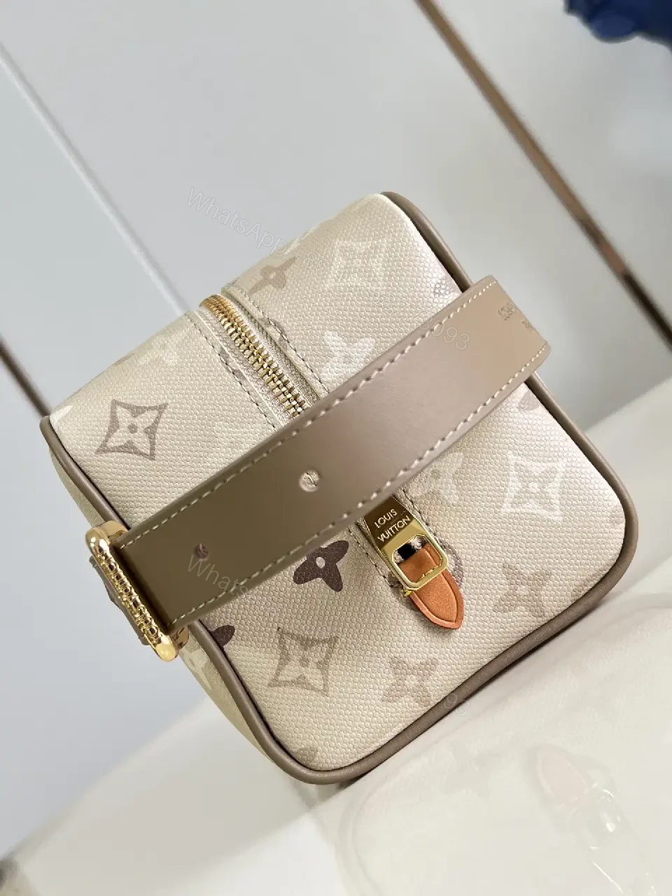 View 5 of Beige LV Monogram Cosmetic Pouch: Structured, Top Zipper