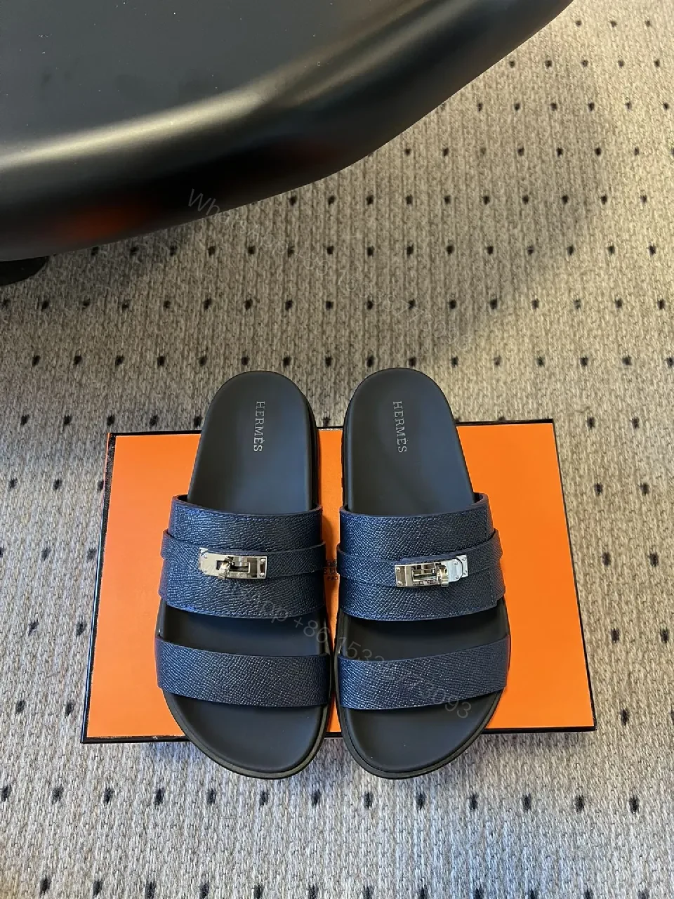 View 3 of Navy Leather Triple-Strap Sandals with Metal Hardware