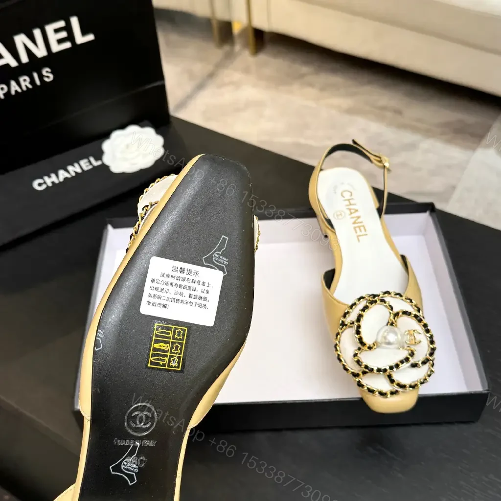 View 3 of Beige Leather Slingbacks with Pearl Embellishment – Low Heel