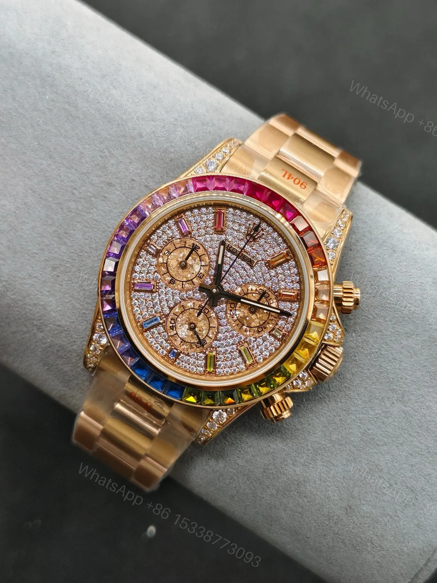 View 9 of Premium Rolex Daytona Rainbow Iced Rose Gold replica 40MM Oyster Bracelet Edition RLX-DAYTONA-RAINBOW-ICED-ROSEGOLD-40MM-OYSTER-BRACELET
