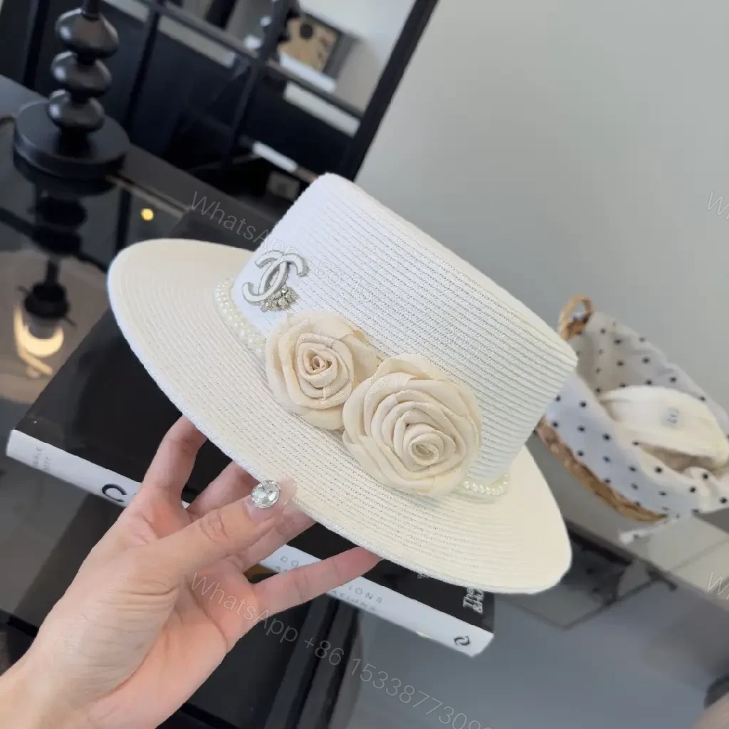 View 7 of White Straw Hat, Elegant Chic Fedora, Pearl Band, Roses, Chanel Charm, Wide-Brimmed Hat