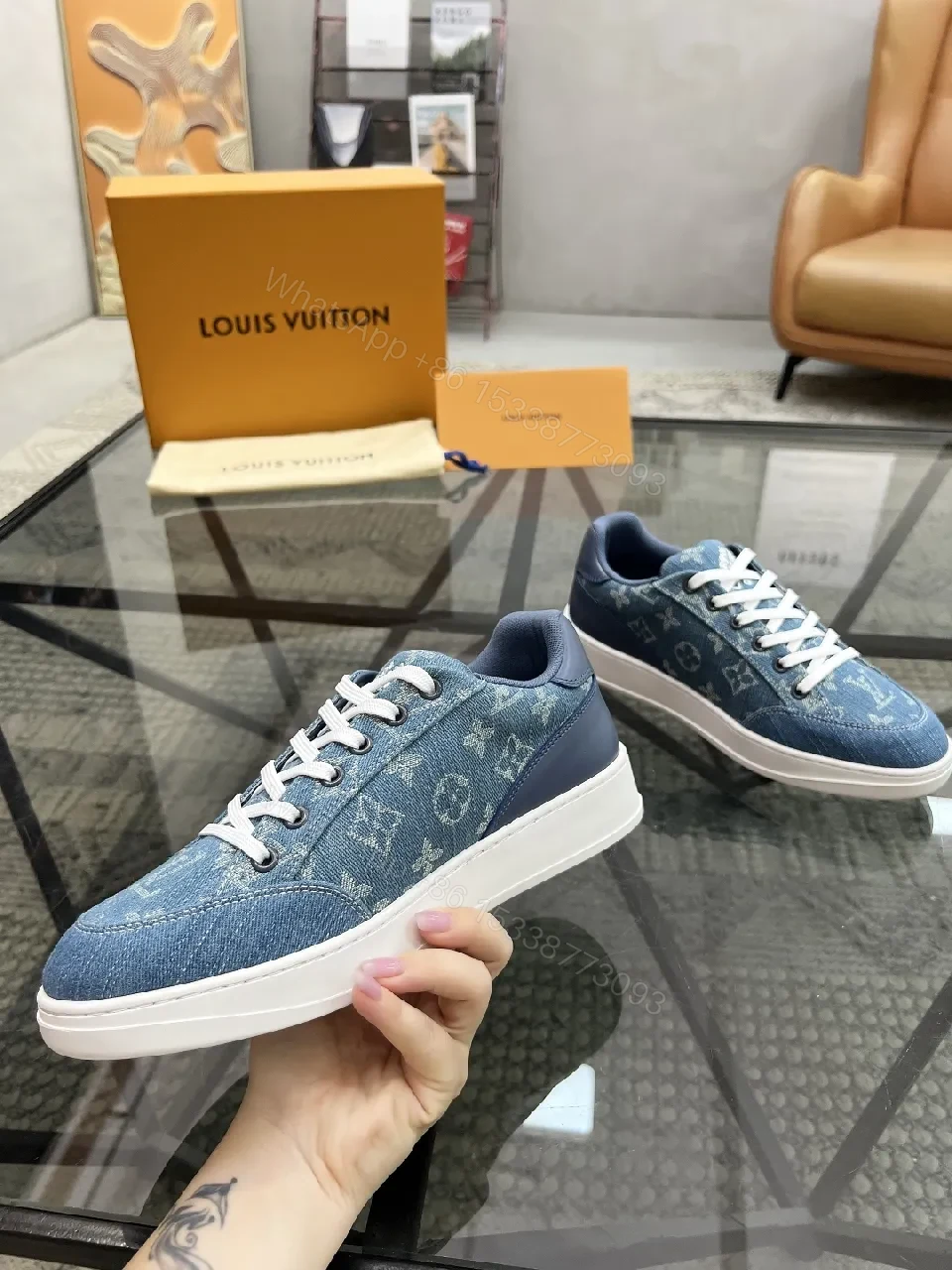 View 3 of Denim-Textured Luxury Sneakers with Monogram Embroidery