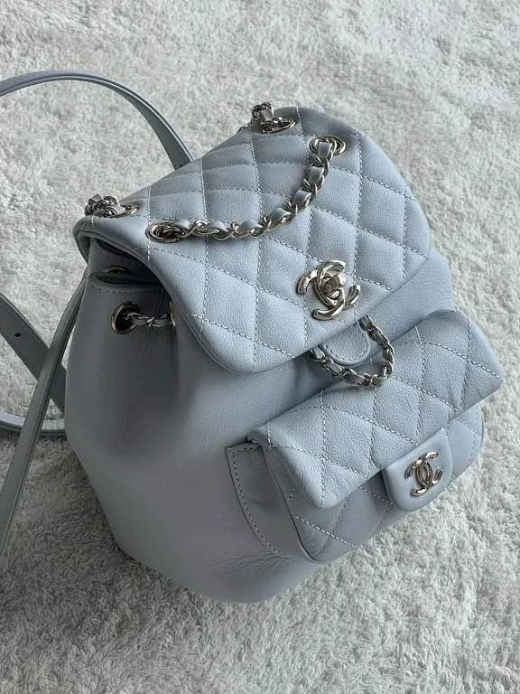 View 4 of Pastel Quilted Backpack with Chain Details â€” Modern Luxury Backpack