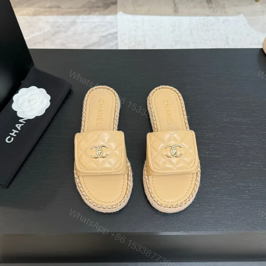 View 3 of Beige Quilted Slide, Gold Logo, Designer-Inspired Comfort