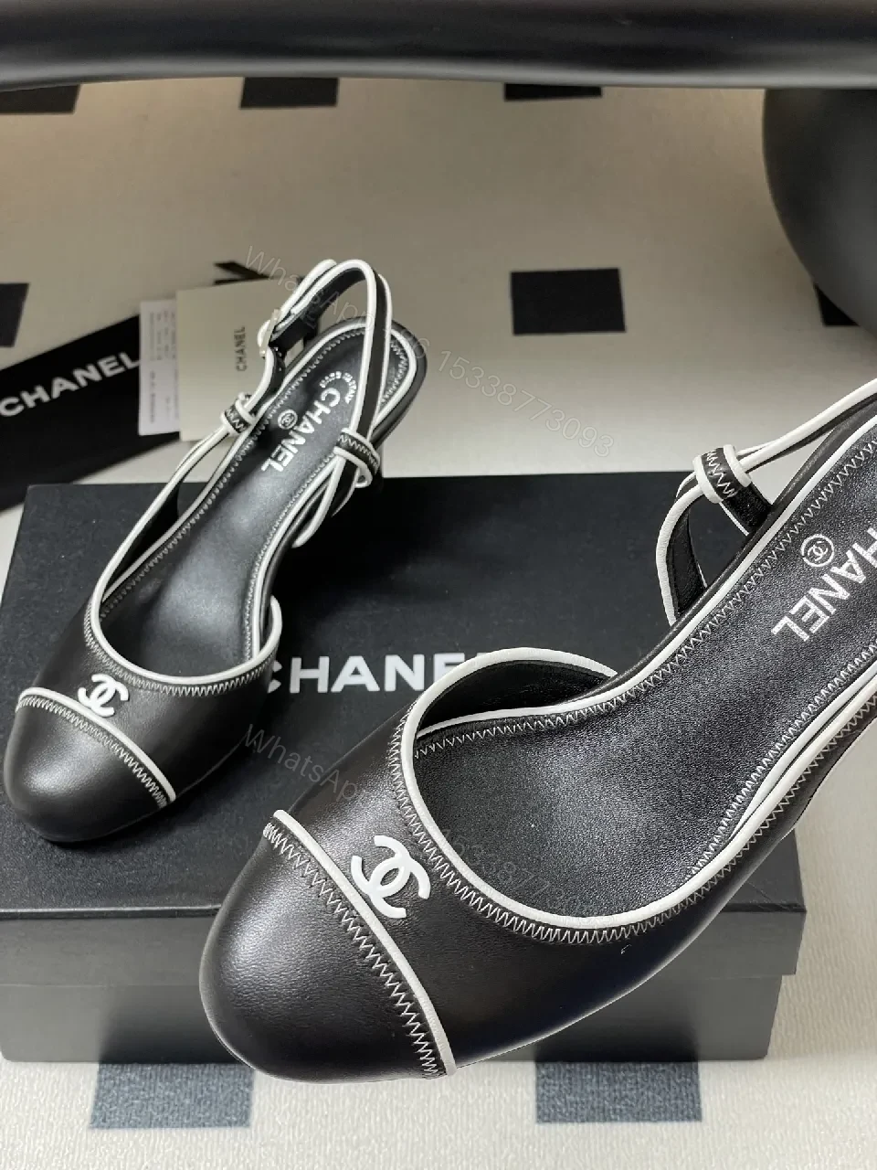 View 8 of Satin-Lace Slingback Heels with Signature Stitch Detail