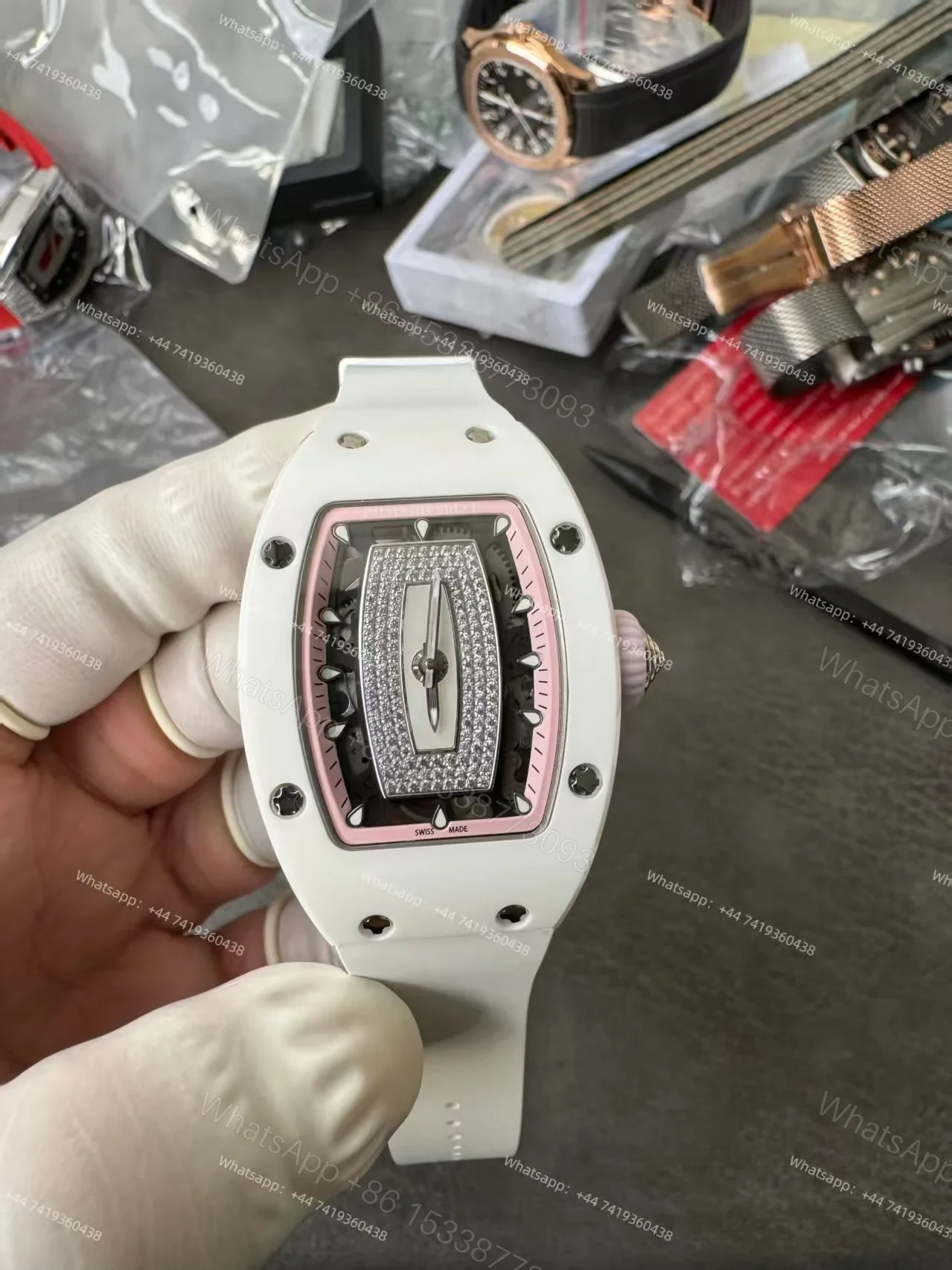 Super Clone Richard Mille RM 07-01 White Ceramic Pink Diamond 1:1 Replica Watch — view 1