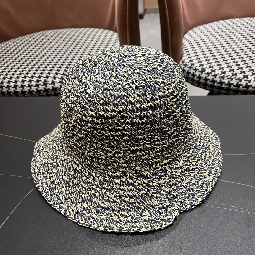 View 2 of Textured Straw-Blend Hat with LV Accent - Bucket Style