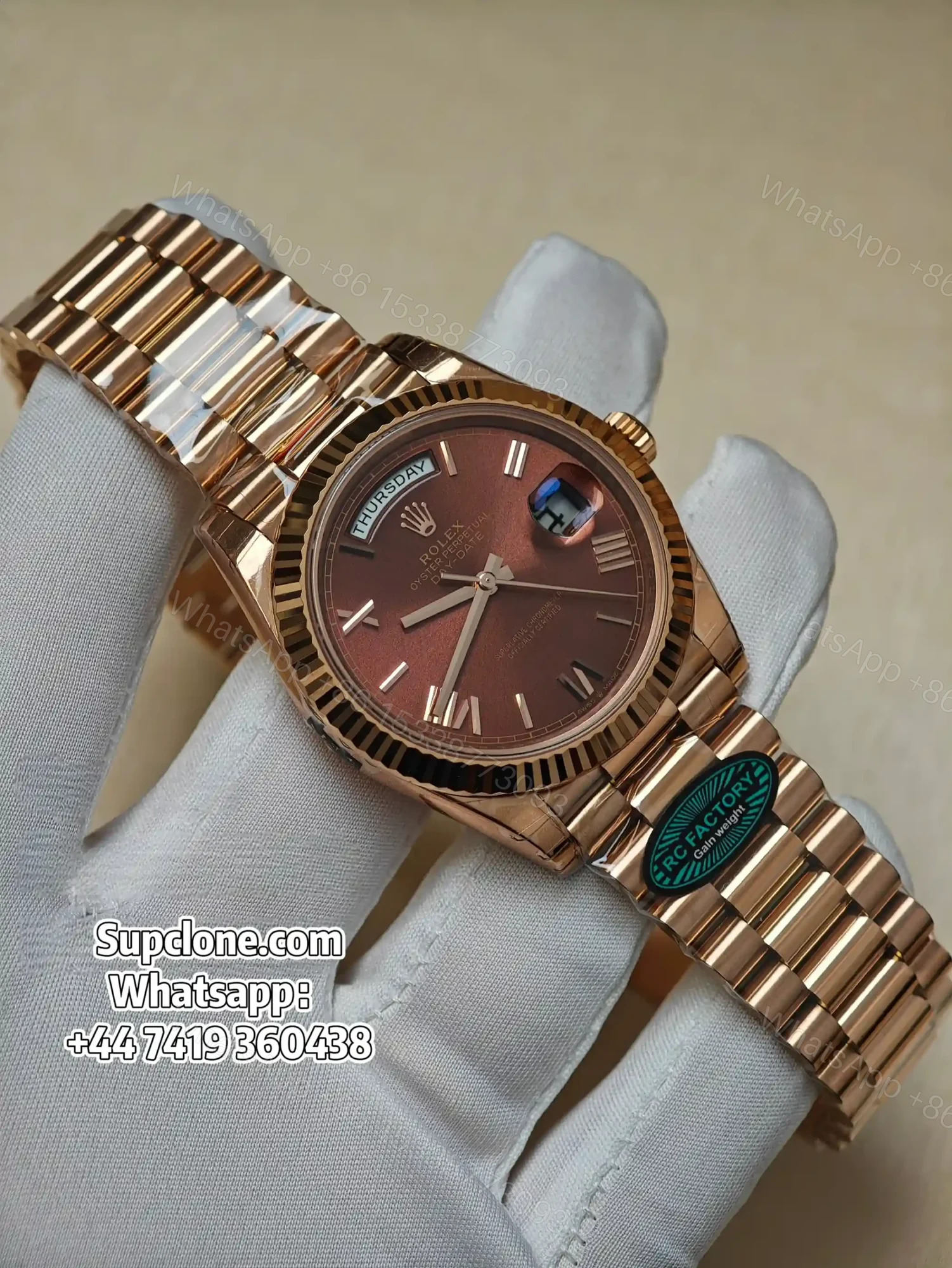 Rolex Day-Date 40mm Rose Gold Brown Roman Dial – Super Clone 1:1 Cal. 3255 — view 1