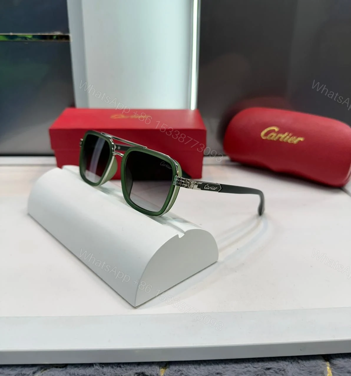 Cartier Square Green Acetate Frame Sunglasses — view 1