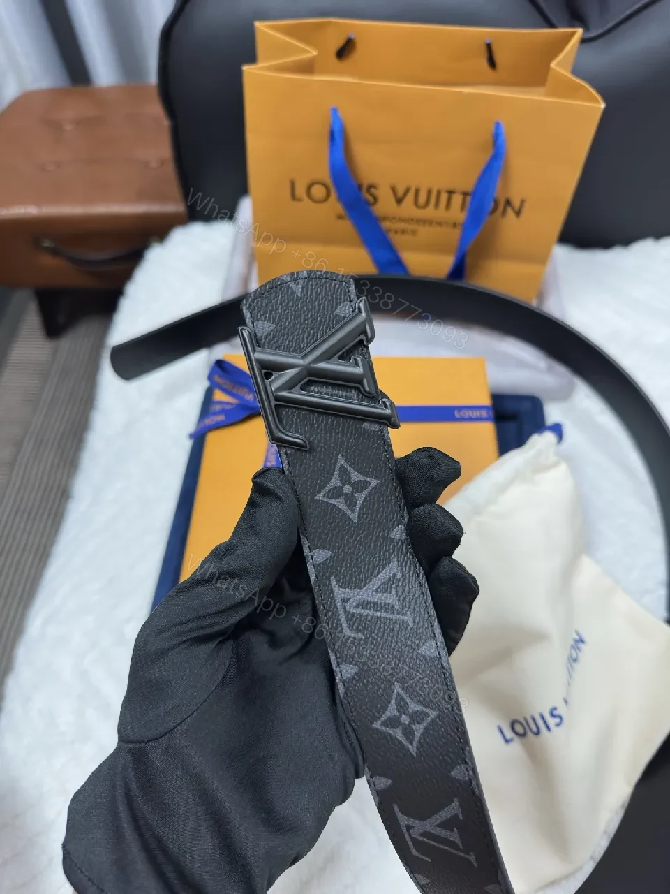 View 6 of Black Matte Canvas Belt, Gunmetal Buckle, 30mm, Monogram Luxe