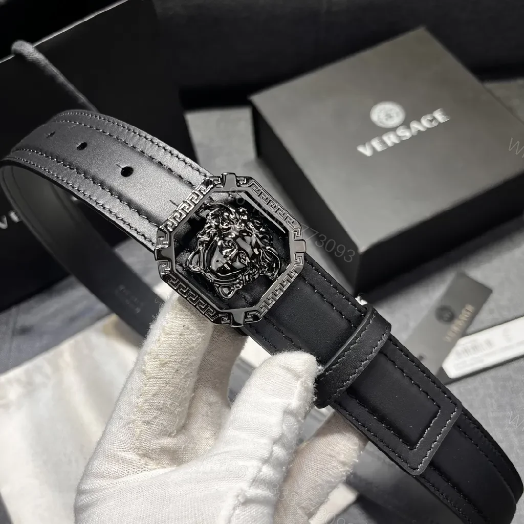 View 9 of Bold Black Leather Belt with Medusa Buckle - Modern Geometric Design