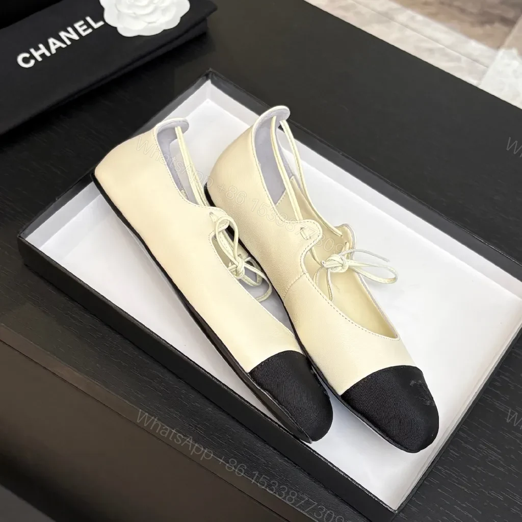 View 7 of Ivory Leather Ballet Flats with Black Cap Toe, Lace-Up, Elegant