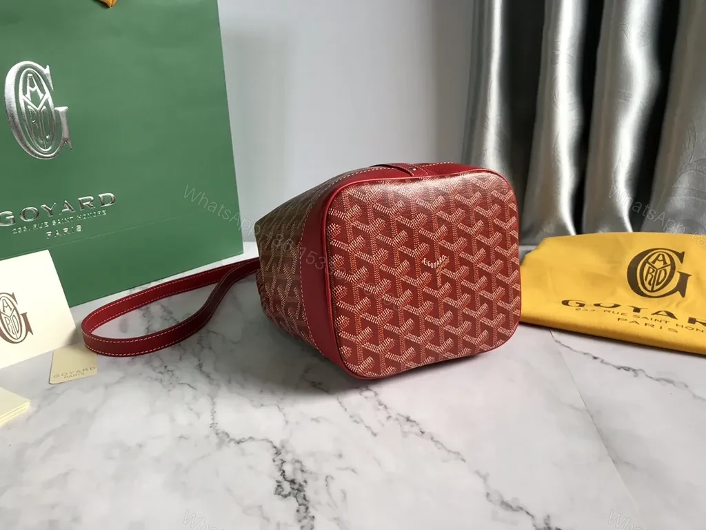 View 6 of Bold Goyardine Bucket Bag in Red Leather Trim