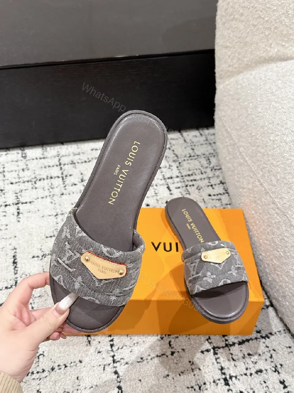 View 7 of Monogram Textile Slides: Gold Accent, Comfort Footbed, Luxury Slide