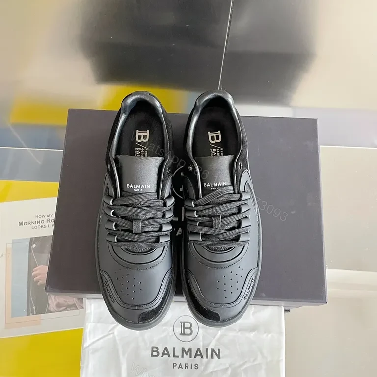 View 4 of Monochrome Mastery: Black Leather Balmain Sneaker, Luxury Casual