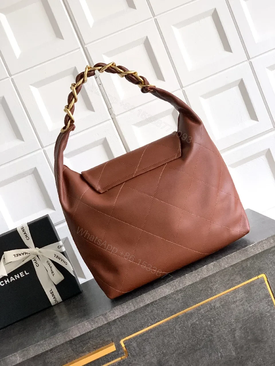 View 4 of Brown Quilted Leather Chain-Shoulder Bag with Gold Logo