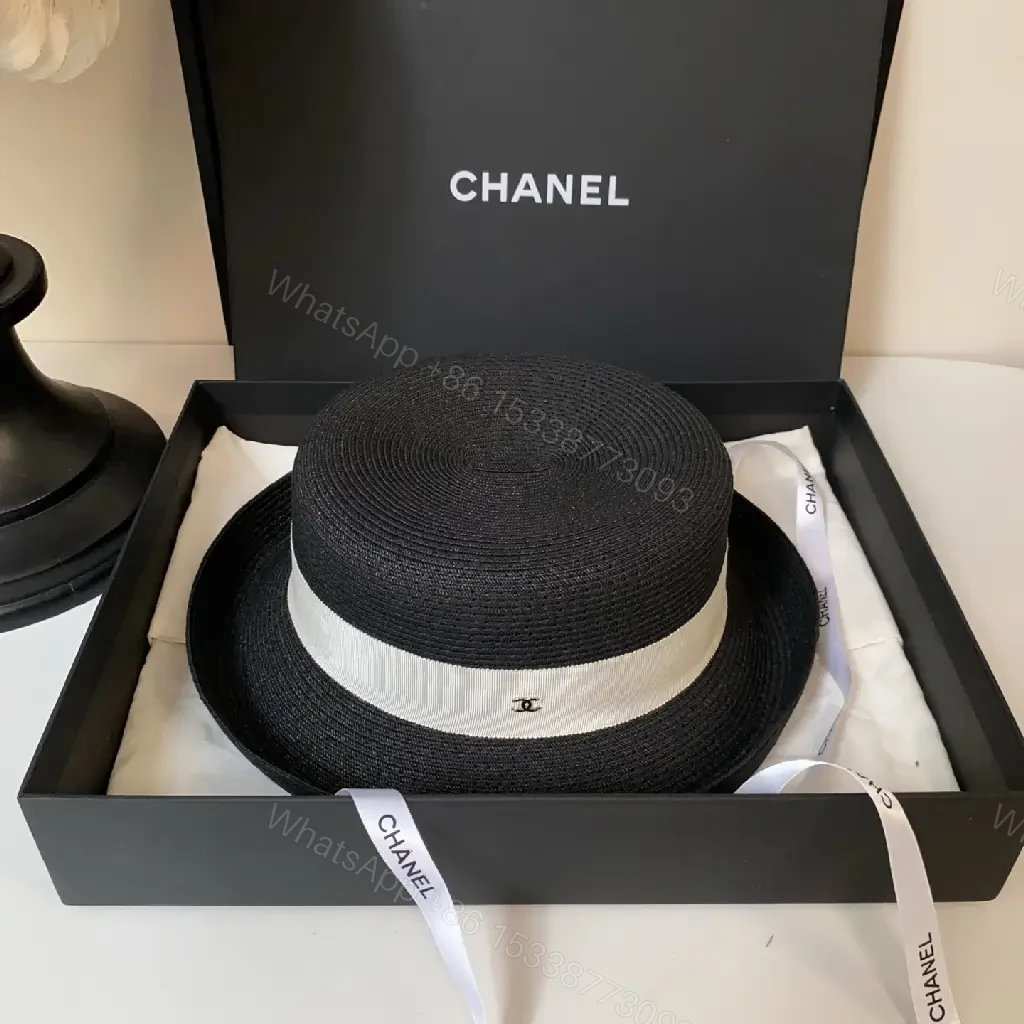 View 3 of Black Straw Fedora Hat with Beige Band Chanel Logo - Classic Style