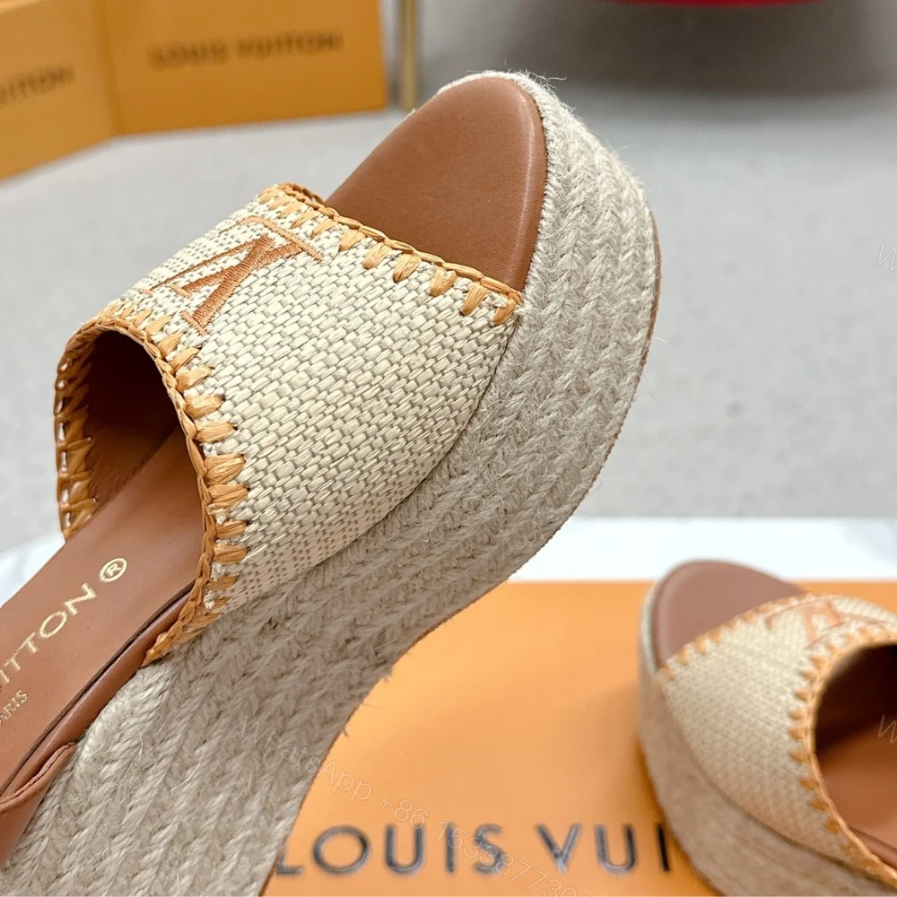 View 4 of LOUIS VUITTON HELIOS WEDGE SANDAL RAFFIA BROWN