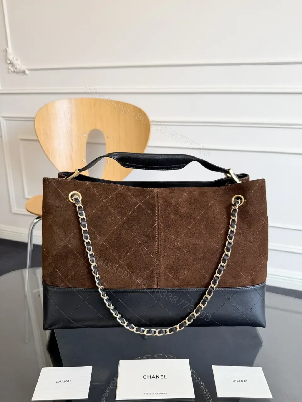 View 12 of Two-Tone Quilted Tote with Chain Accent