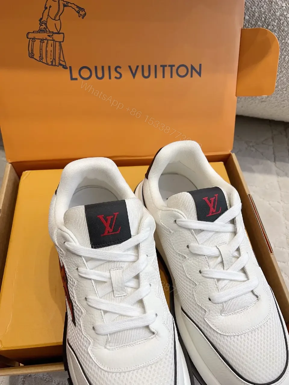 View 9 of White Leather Sneaker with Red LV Logo, Modern/Chunky Style, Comfort Feature, Louis Vuitton Sneaker