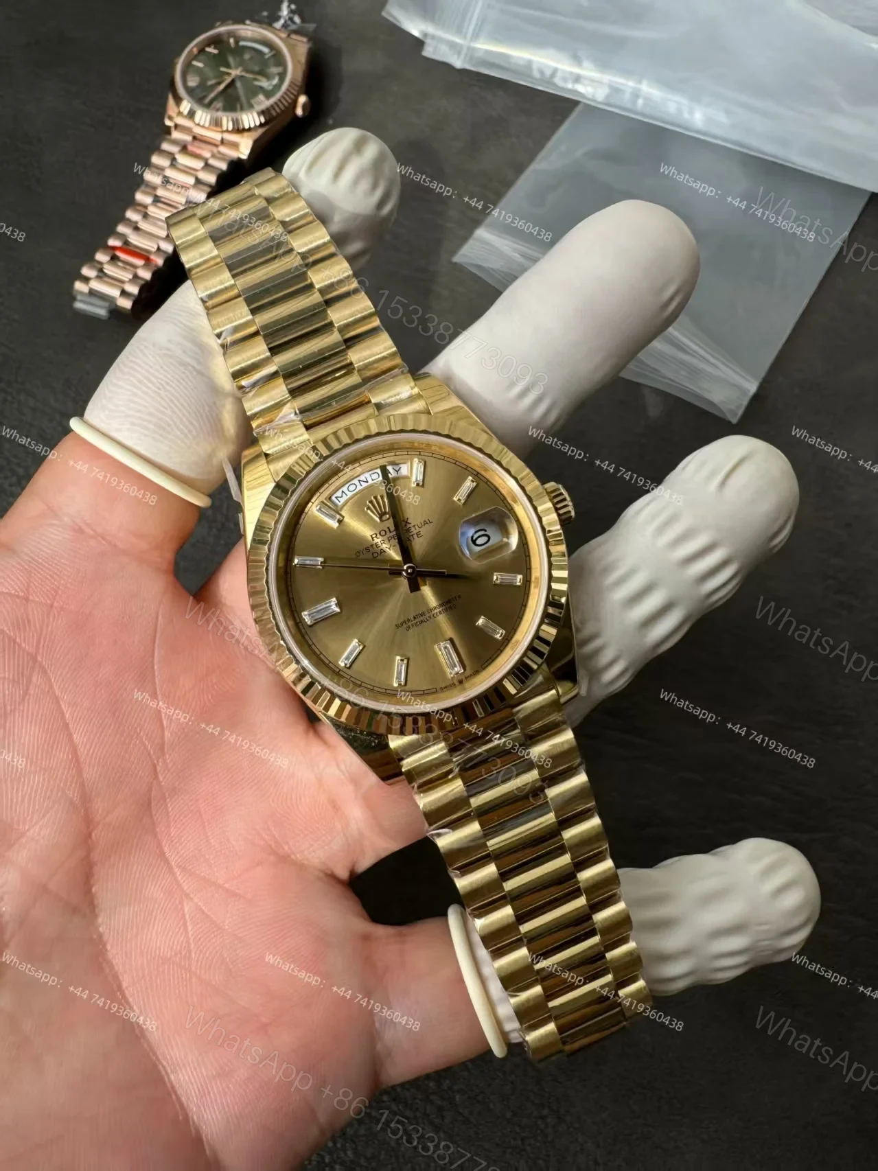 View 9 of Rolex Day-Date M228238-0005 1:1 Replica Gold Diamond Dial 40MM 3255 Movement Presidential Bracelet Super Clone Watch