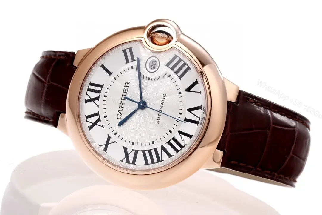 View 7 of V9 Factory Cartier Ballon Bleu 42mm Rose Gold Automatic Watch with Brown Alligator Strap