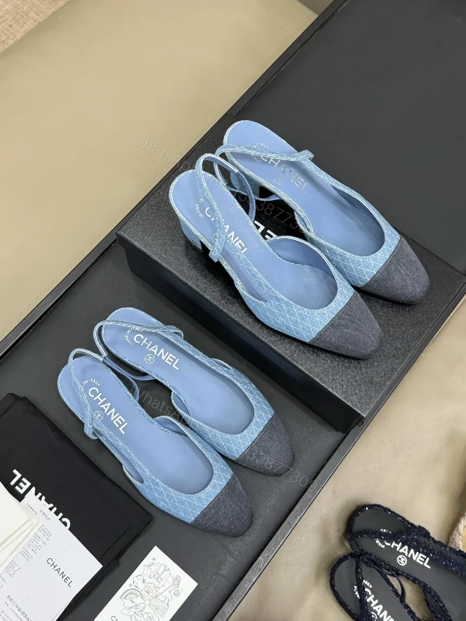 View 3 of Denim Slingback Heels: Geometric Stitching, Mid-Block Heel
