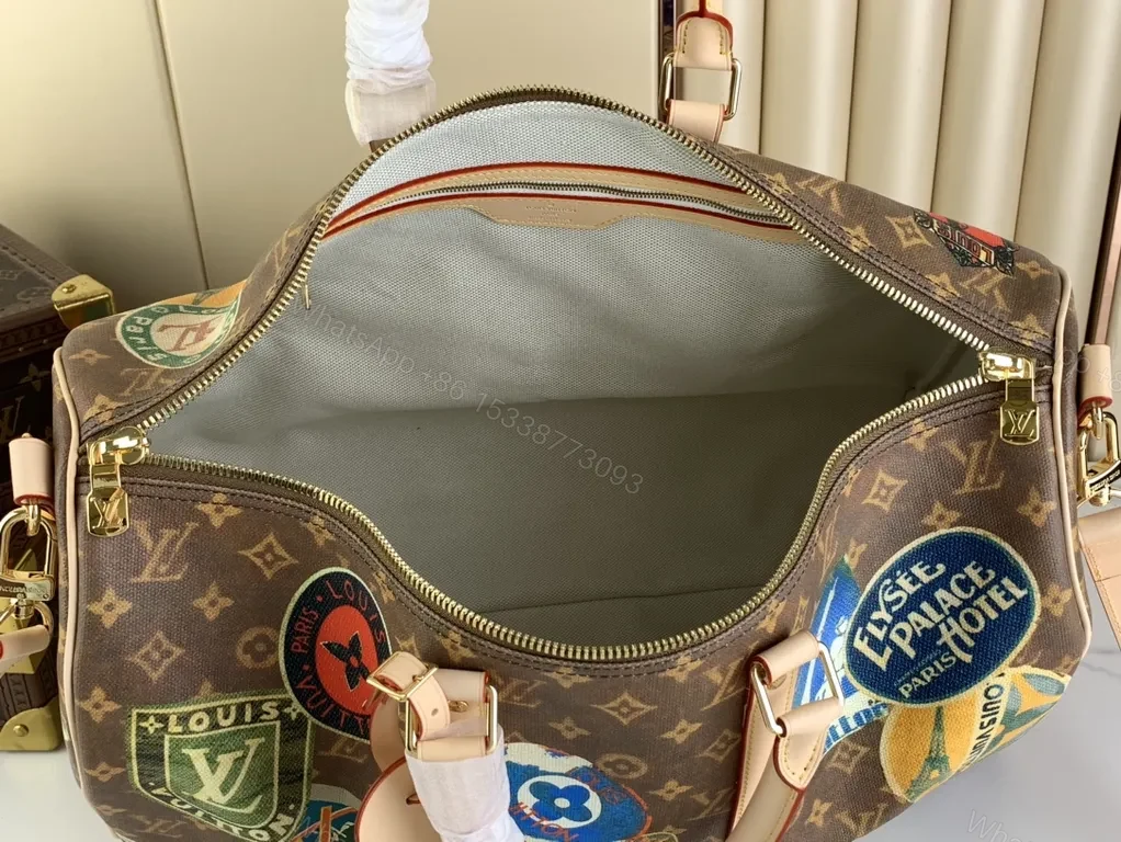 View 4 of Patchwork LV-Style Weekender: Luxury Travel Duffel with Patch Details