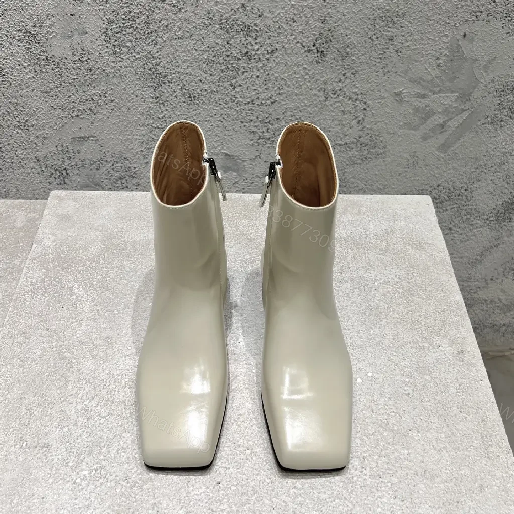 View 2 of Off-White Leather Ankle Boots with Square Toe and Zipper