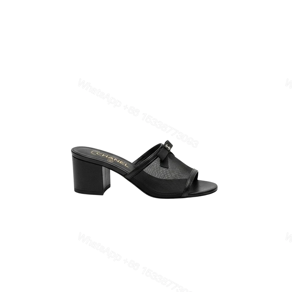 Chanel Mesh Bow Block Heel Mules Black — view 1