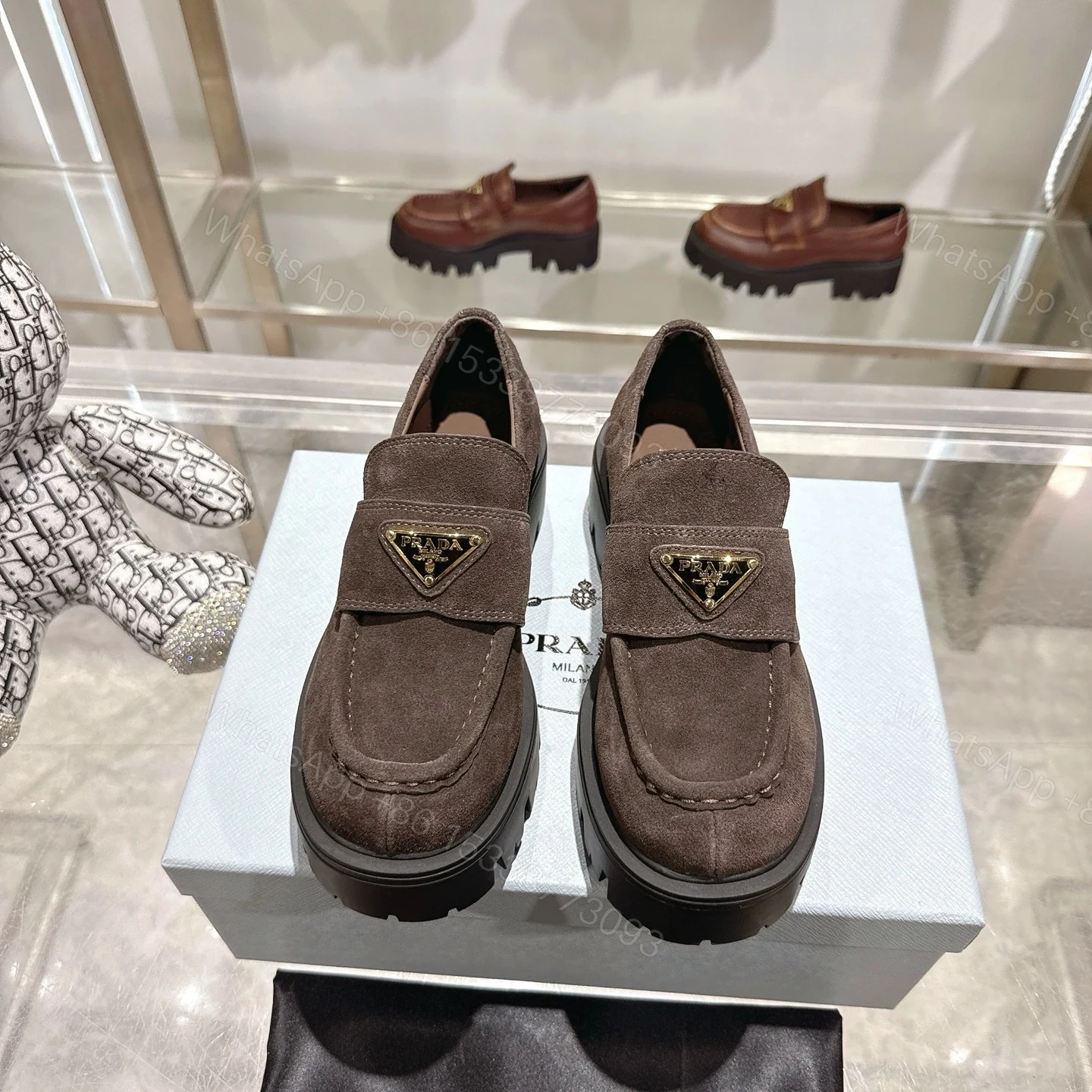 View 4 of Prada Chocolate Suede Loafers Dark Brown
