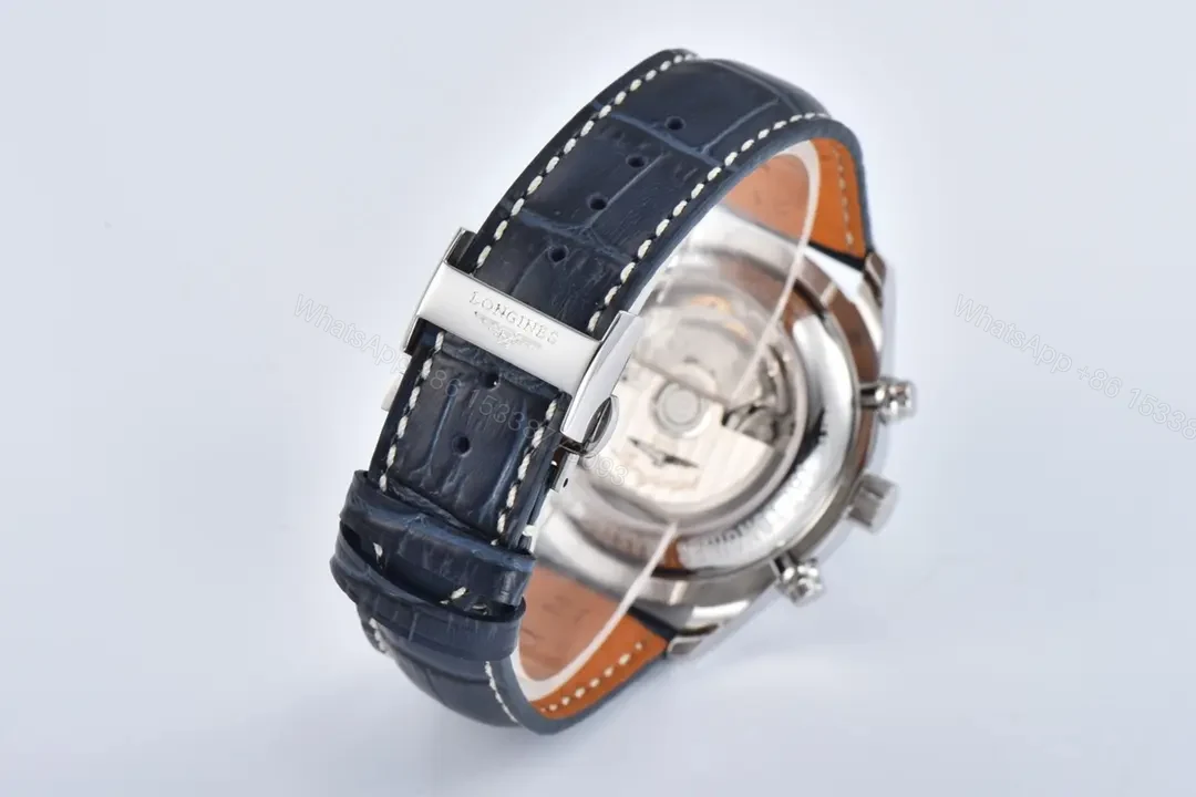 View 8 of Longines Master Collection Moonphase Chronograph Watch 42mm Blue Dial Stainless Steel Case Leather Strap