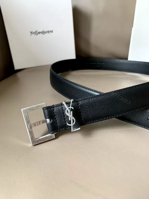 View 4 of Sleek Black Leather Belt with YSL Buckle â€“ Premiumâ€”Mid-Width
