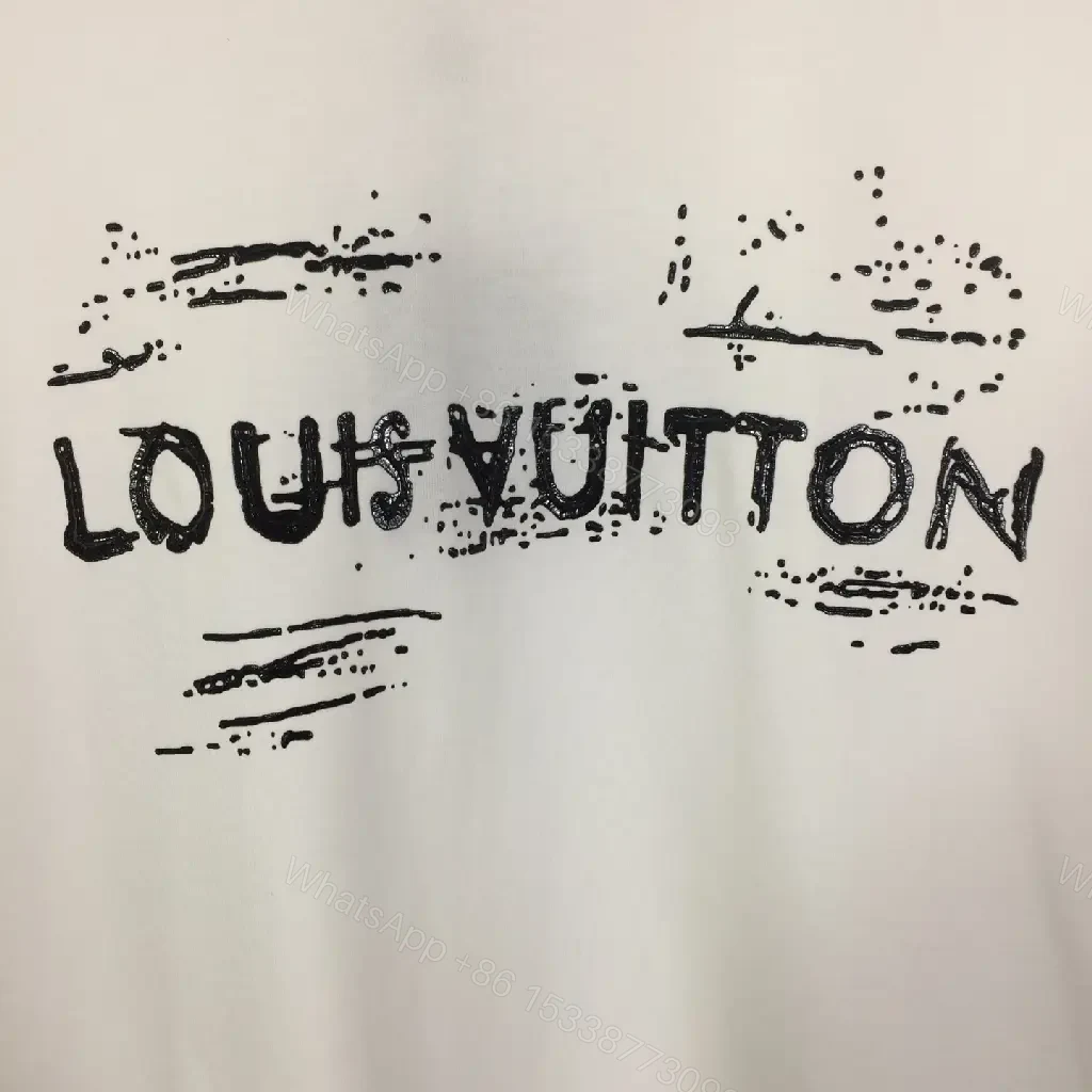 View 6 of White Cotton Graphic Tee with LV Brushwork - Relaxed Fit Tee