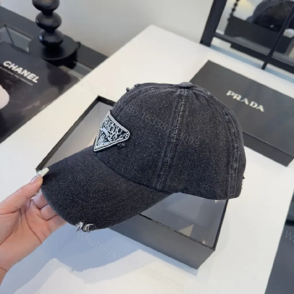 View 3 of Dark Denim Cap - Distressed, Rhinestone Prada Patch, Casual Baseball Cap