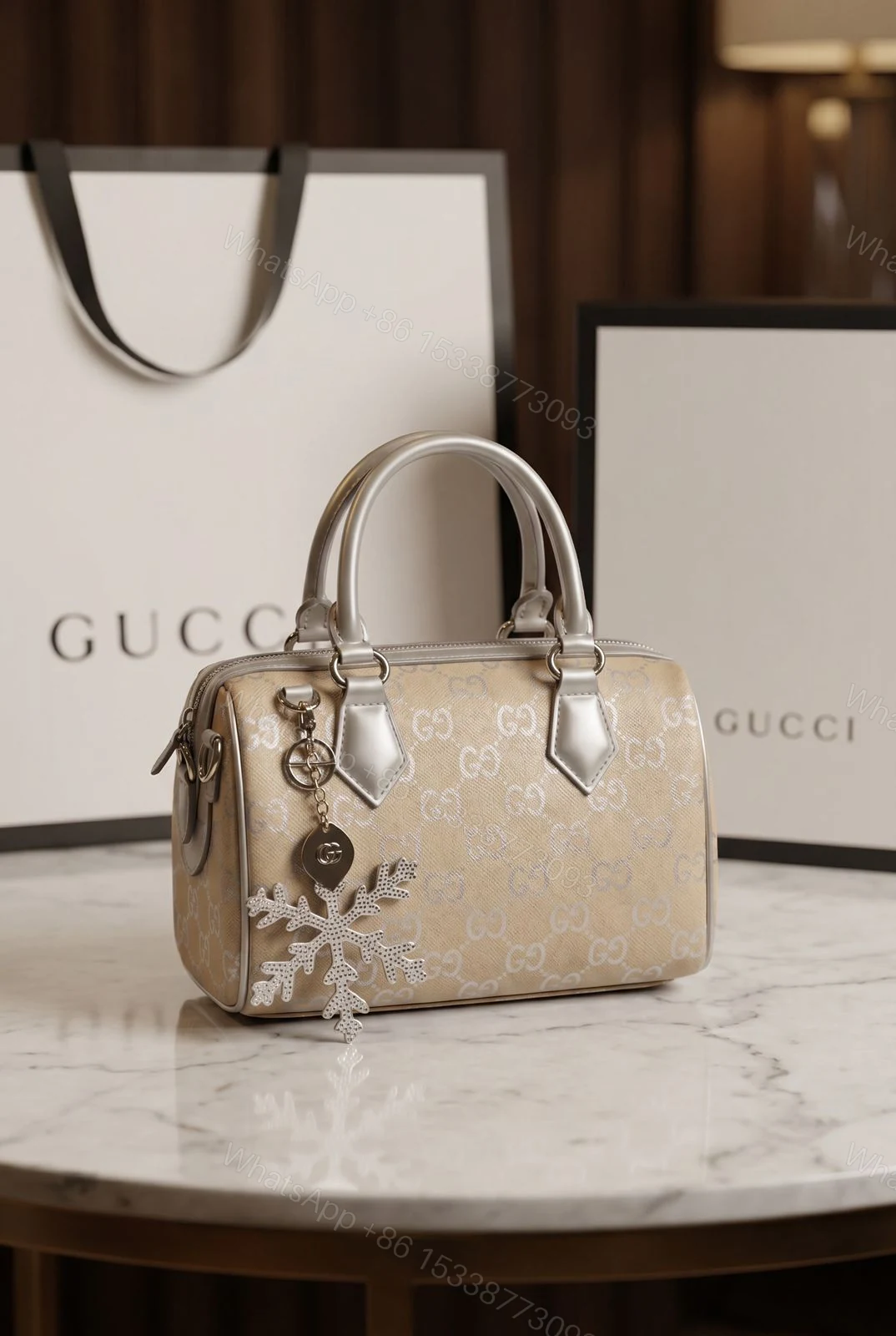 View 3 of Gucci GG Emblem Top Handle Bag Metallic Silver Leather First Copy | 12@ AAA+ Replica