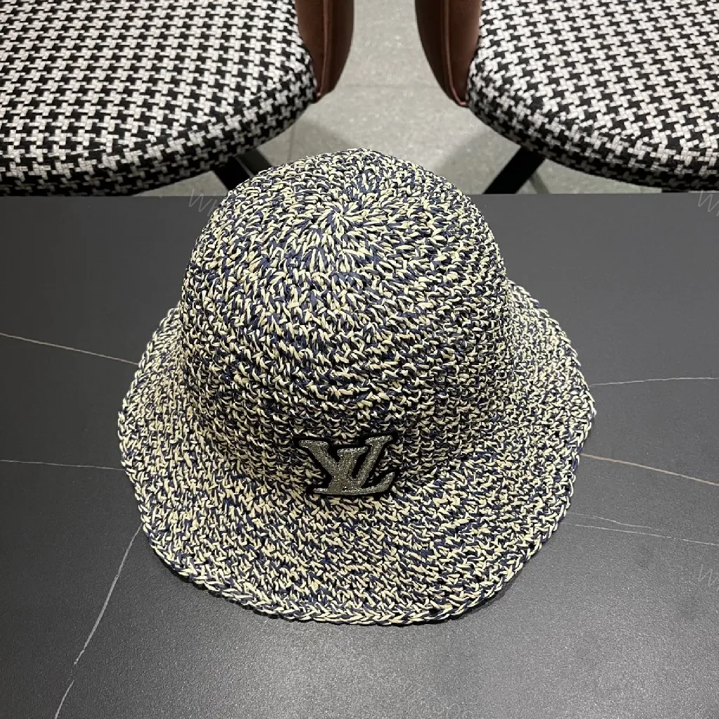 View 7 of Textured Straw-Blend Hat with LV Accent - Bucket Style