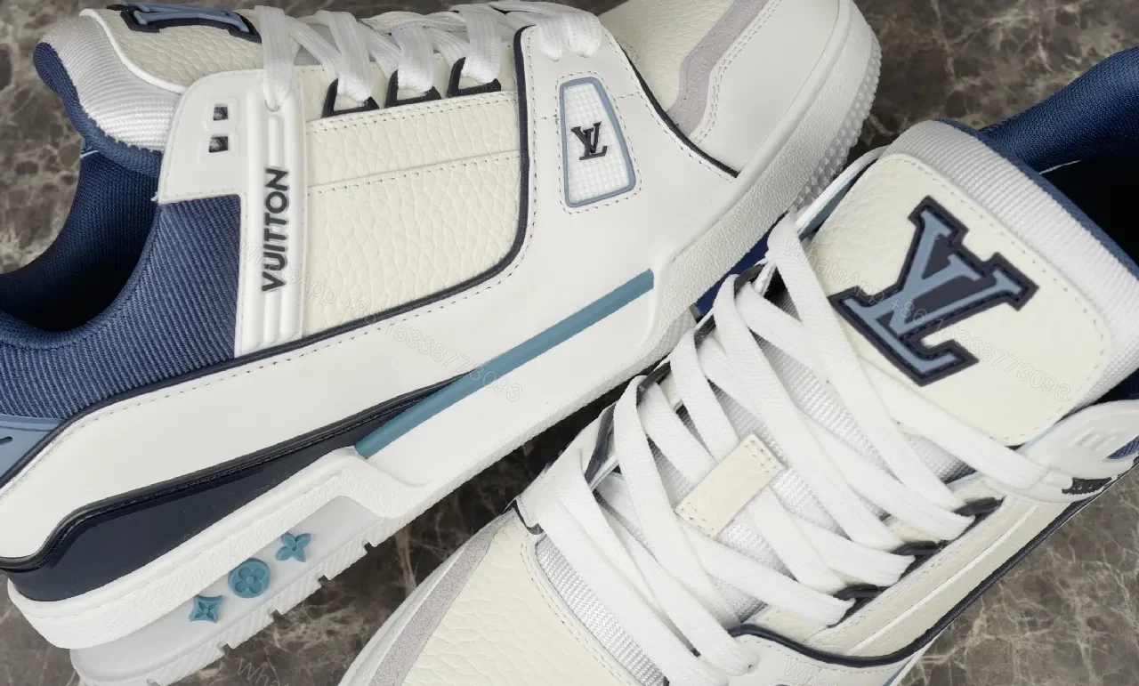 View 2 of Bright White Navy Lux Sneaker: Modern Comfort & Subtle LV-Inspired Details
