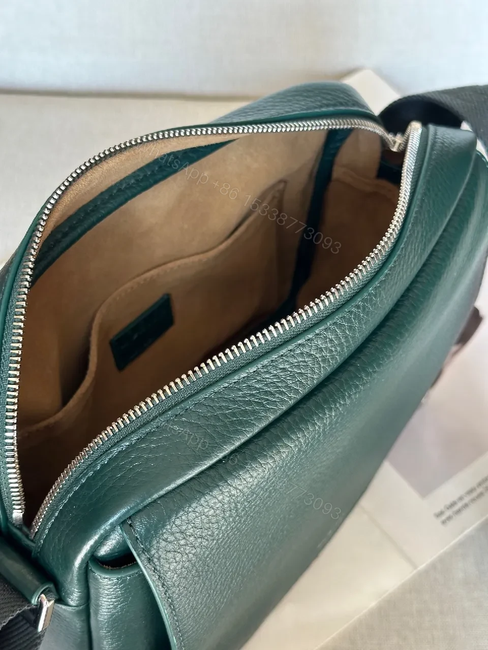 View 3 of Green Pebbled Leather Messenger: Structured, Compact, Crossbody Style