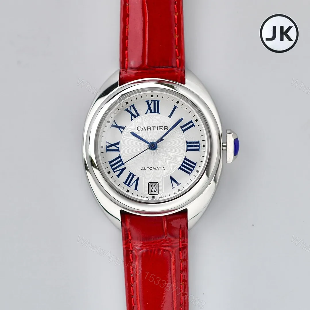 K11 Factory Cartier CLE DE Cartier Automatic Watch – Silver Dial, Blue Hands, Red Leather Strap — view 1
