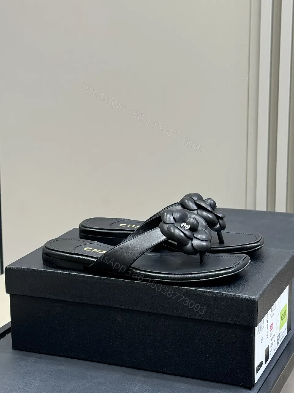 View 2 of Black Flower-Detail Sandals, Matte Leather, Square-Toe, Cushioned Footbed, Slide Product