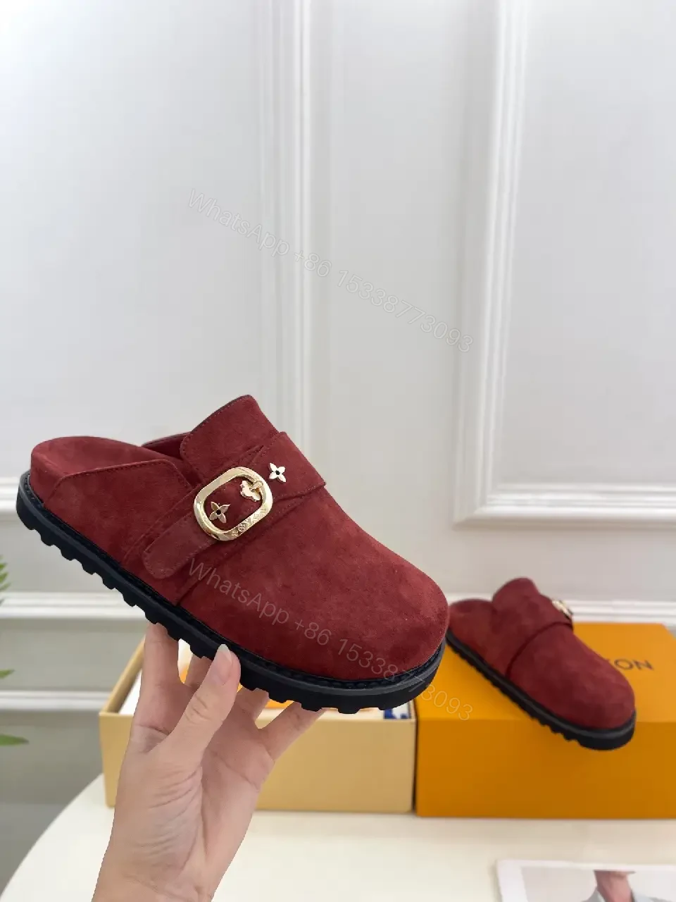 View 7 of Burgundy Suede Slipper Mule with Gold Buckle